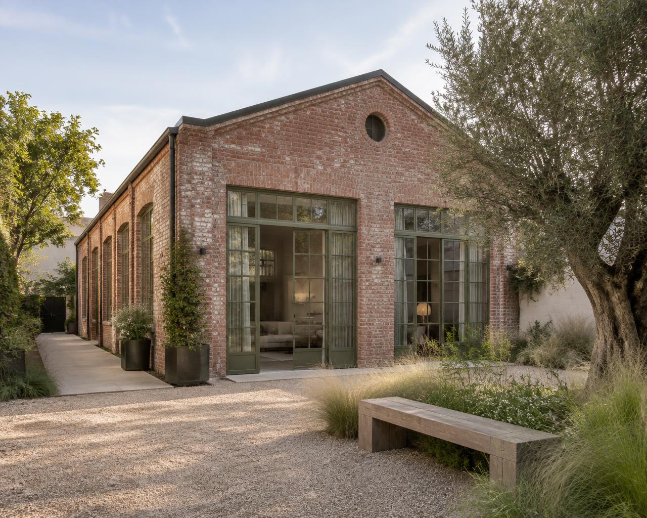 Concept of a restored brick workshop opening onto a planted residential courtyard
