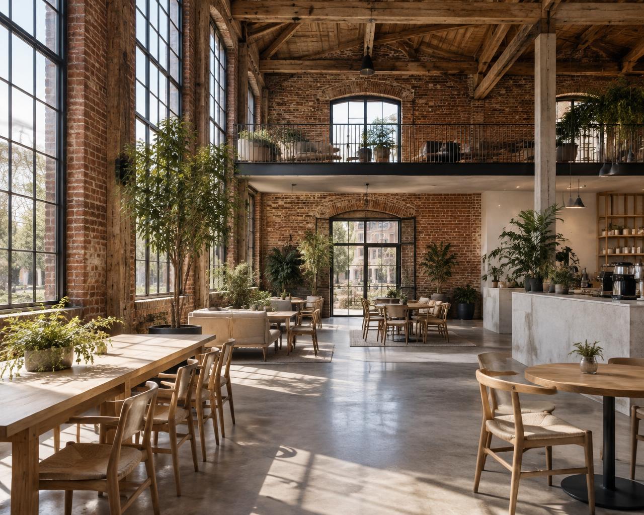 Concept of a historic factory reimagined as a light-filled community cafe