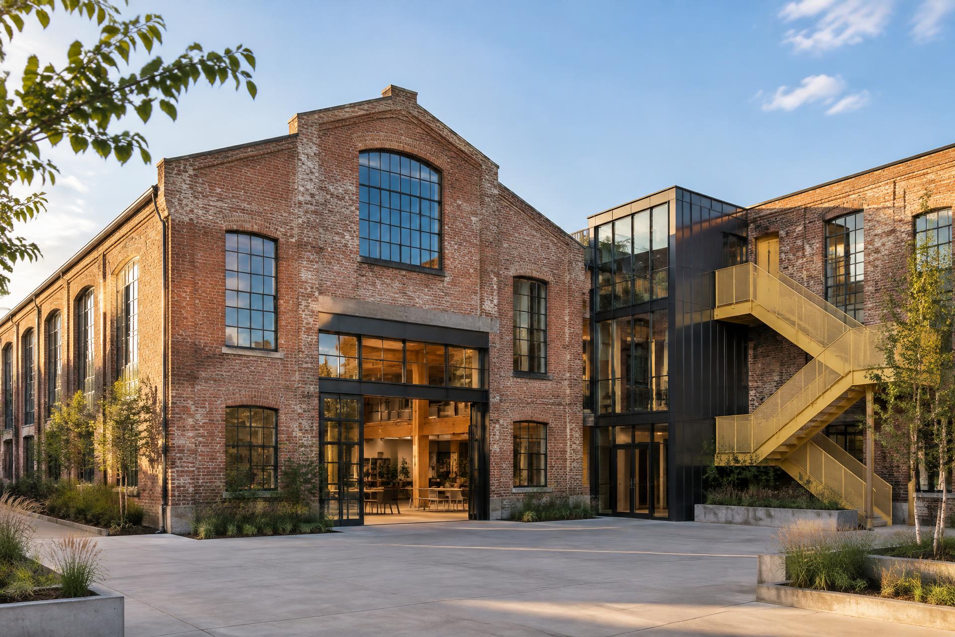 Architectural concept of a red brick warehouse reimagined with a contemporary glass entrance and yellow staircase